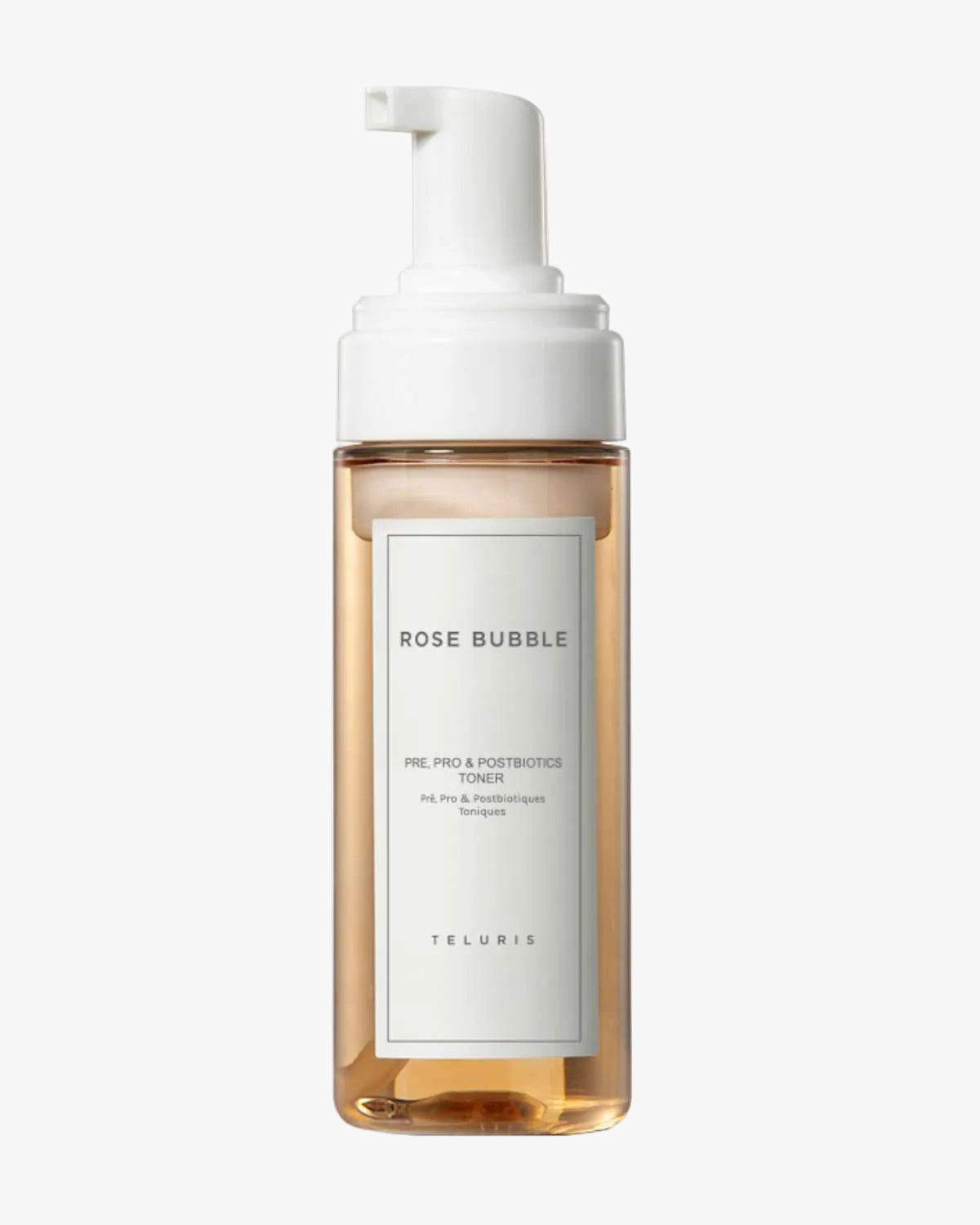 Teluris Rose Bubble Toner pump bottle with Pre Pro and Postbiotics for soothing hydration.