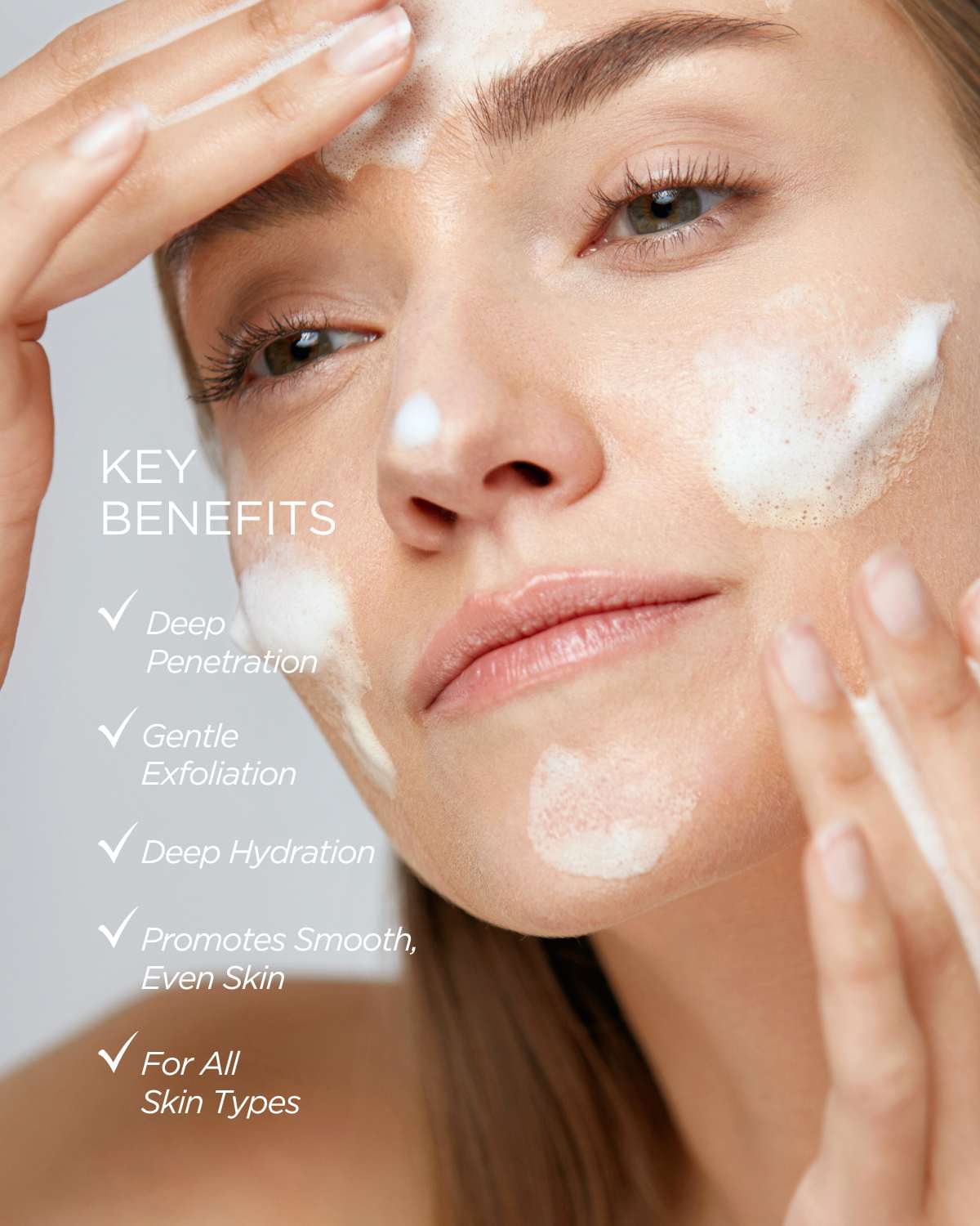 Woman with glowing skin after using Teluris Rose Bubble Toner. Benefits: calms redness and hydrates.