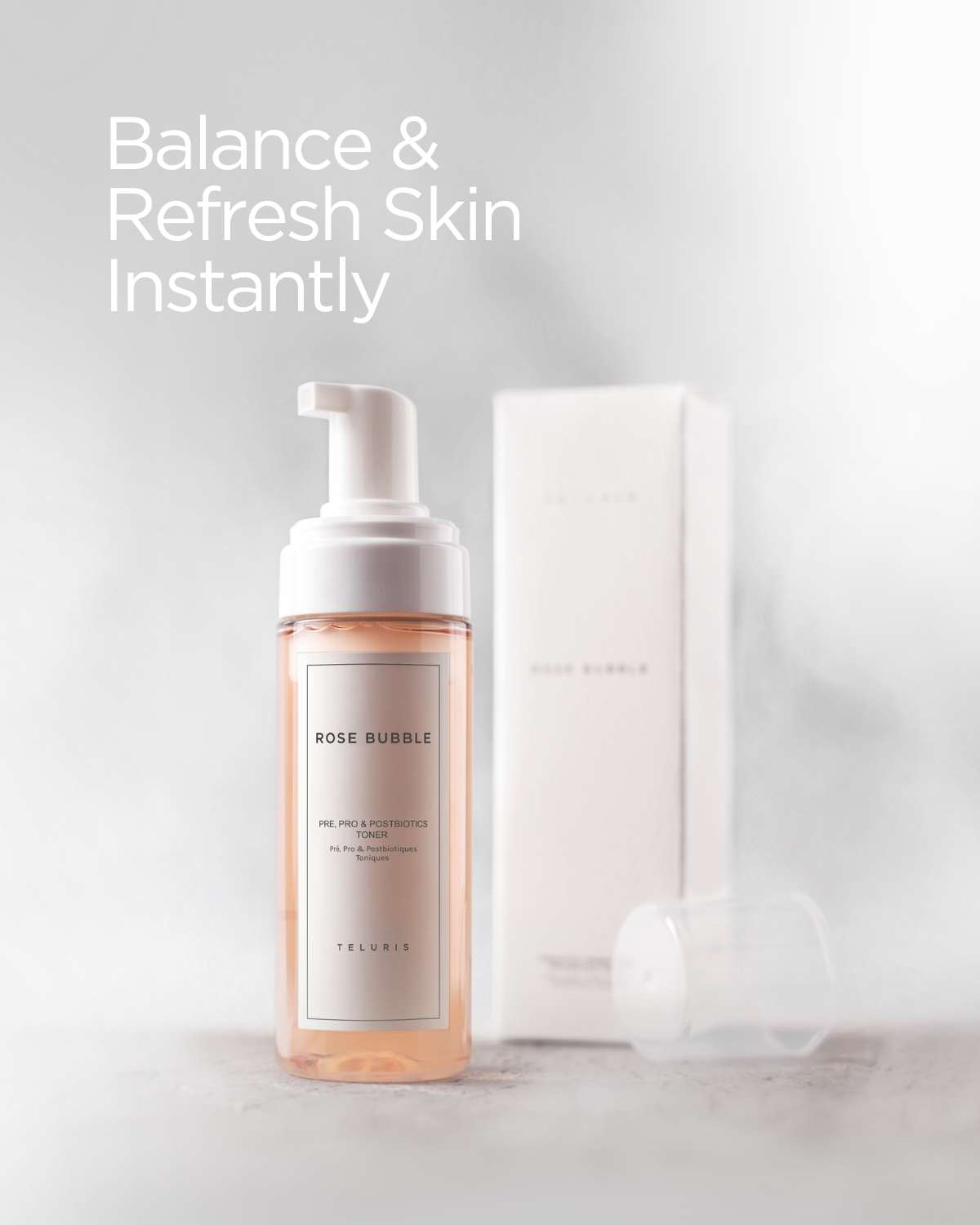 Teluris Rose Bubble Toner bottle on a bright background. Calms irritations and refreshes skin.