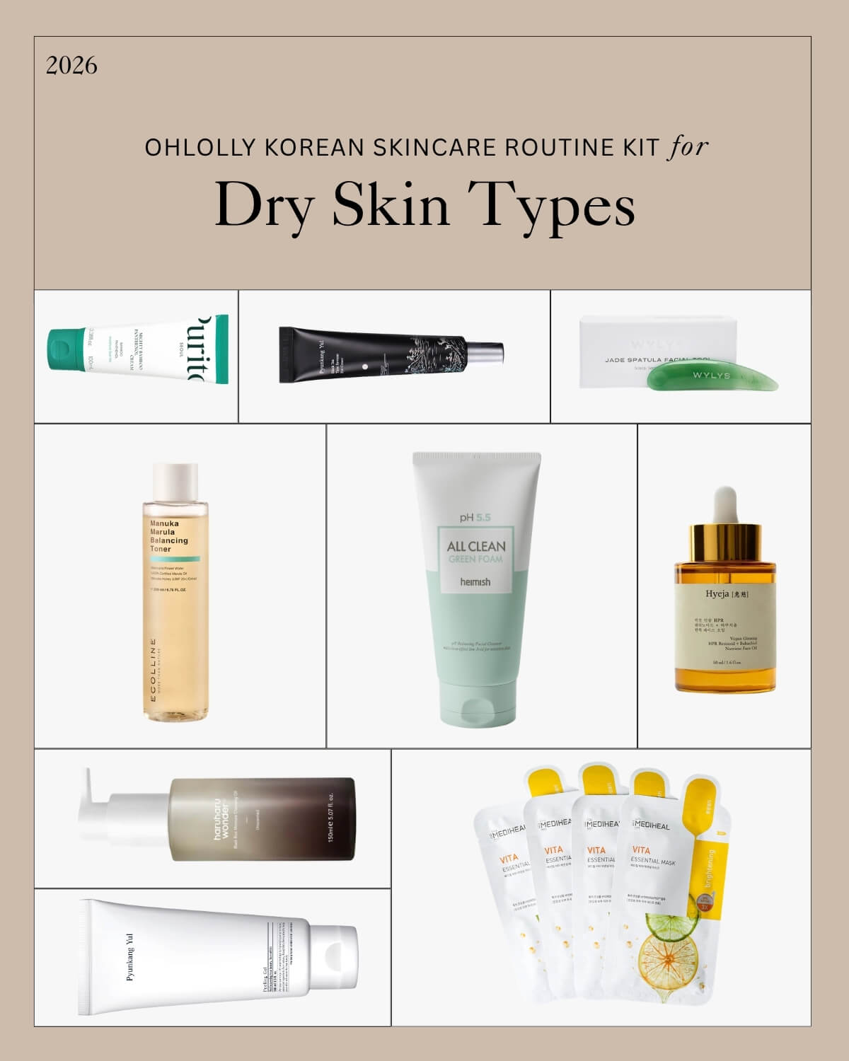 A collage of nine Pyunkang Yul, Heimish, and Hyggee Korean skincare products and a jade facial tool, labeled "OHLOLLY KOREAN SKINCARE ROUTINE KIT for Dry Skin Types."