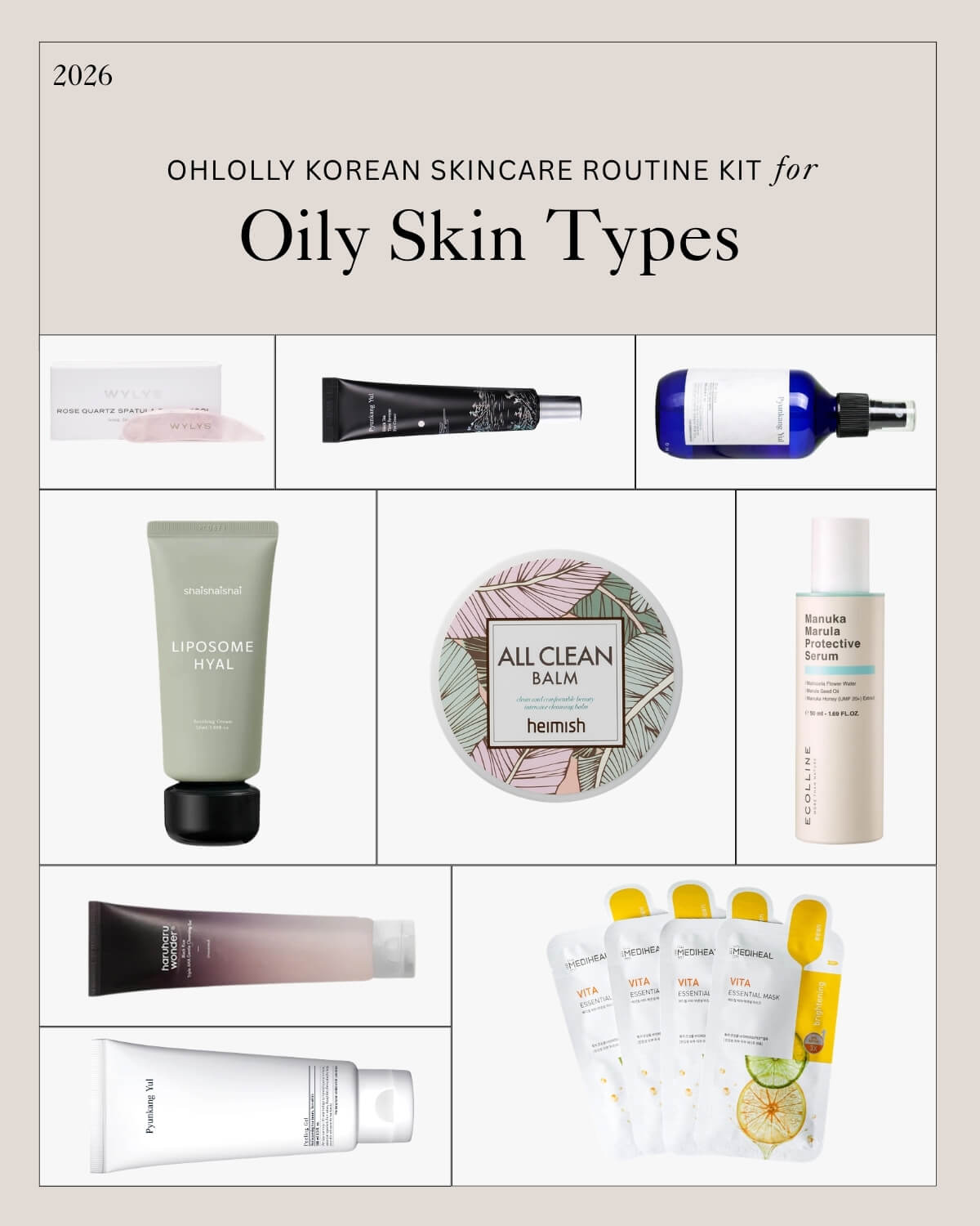 A collage of Heimish, Pyunkang Yul, ECOILLINE, and two other Korean skincare products, a rose quartz facial tool, and face masks, labeled "OHLOLLY KOREAN SKINCARE ROUTINE KIT for Oily Skin Types."