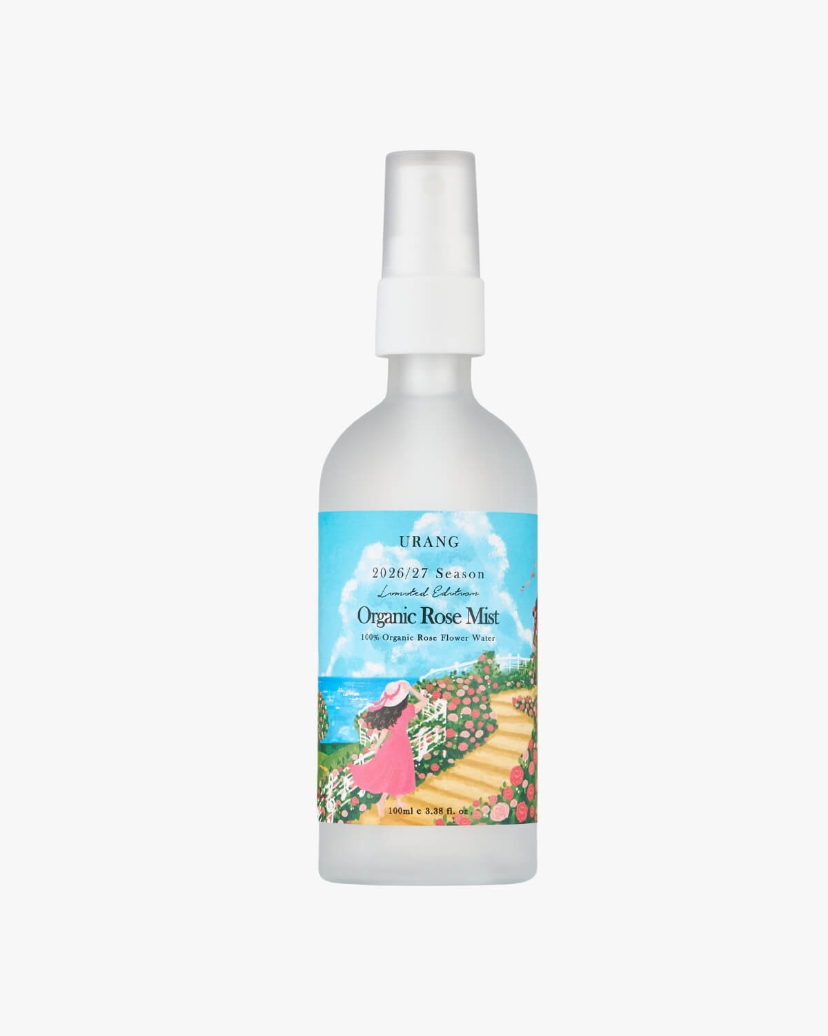 URANG Organic Rose Mist spray bottle with 2026/27 Season Limited Edition scenic artwork label on a plain white background.