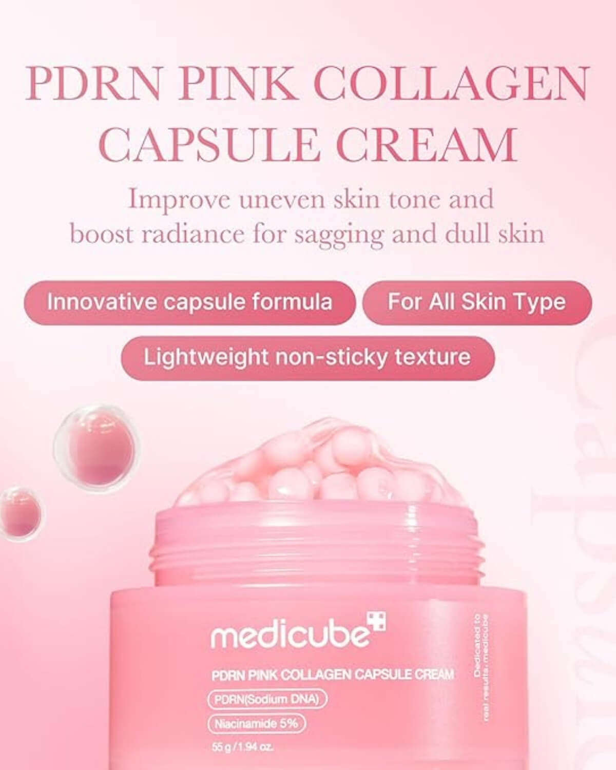 Medicube PDRN Pink Collagen Capsule Cream, infographic - innovative capsule formula, for all skin type, lightweight non-sticky texture