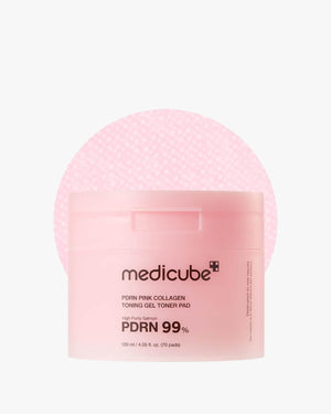 Medicube PDRN Pink Collagen Toning Gel Toner Pad product and a single pad, hero image, product on a white background