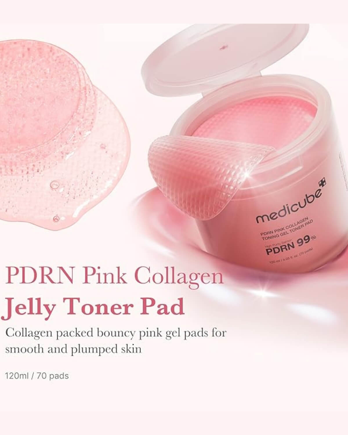 Medicube PDRN Pink Collagen Toning Gel Toner Pad, infographic - collagen packed bouncy pink gel pads for smooth and plumped skin