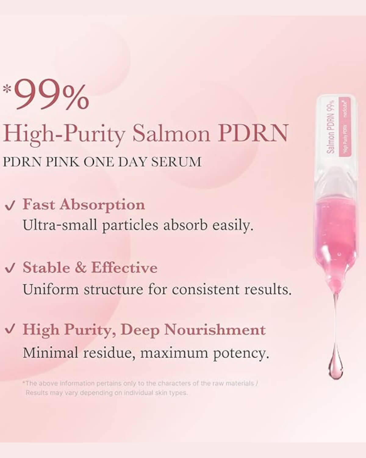 Medicube PDRN Pink One Day Serum, infographic - fast absorption, stable & effective, high purity