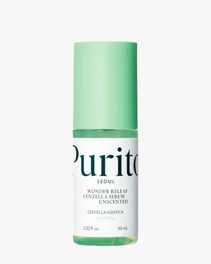The full bottle of Purito Wonder Releaf Centella Serum Unscented is displayed upright, featuring clear glass with a light mint-green cap and a simple white label showing the lightweight, clear serum inside, against a white background.