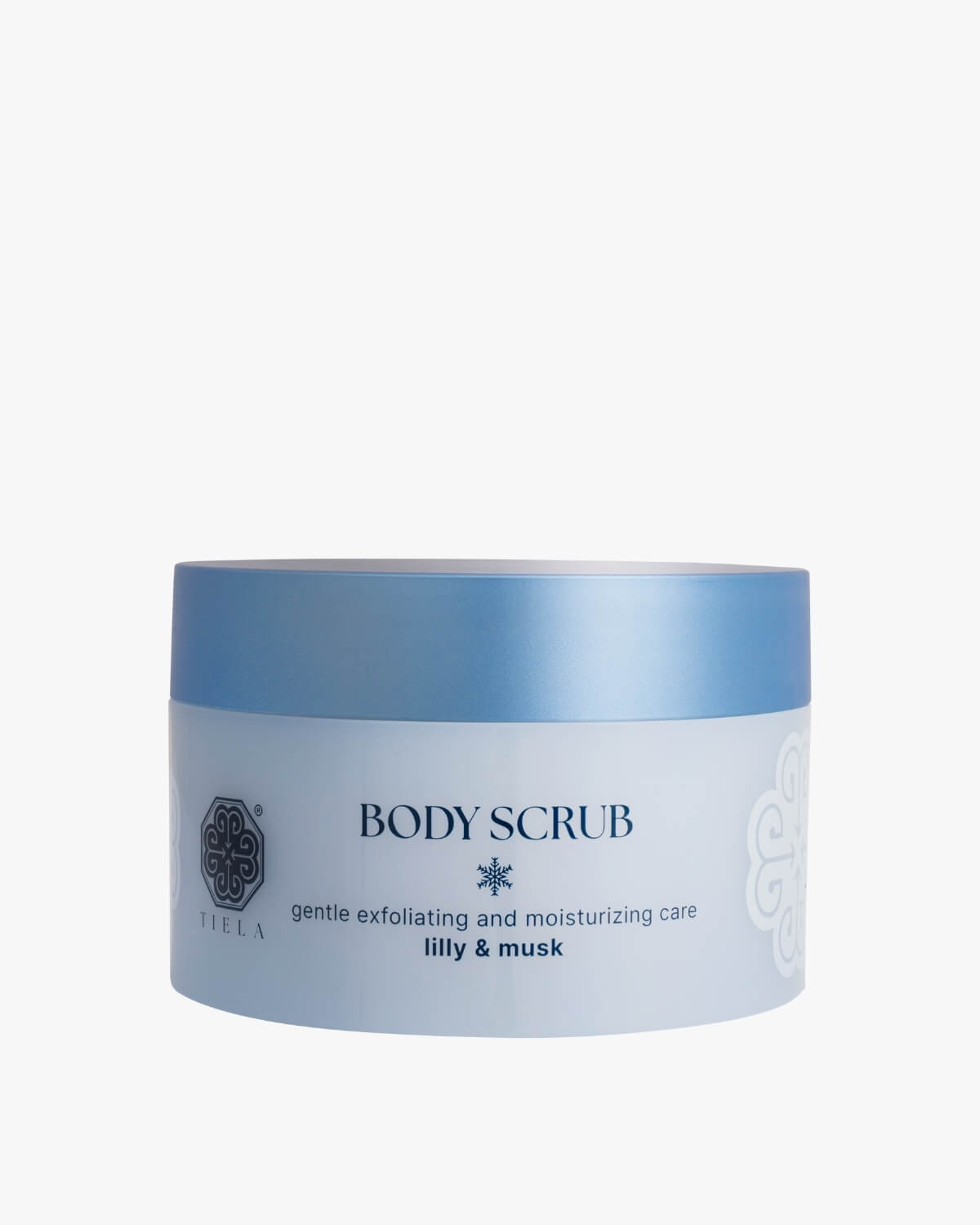 Front view of a round Tiela Body Scrub jar in light blue with a metallic blue lid, labeled "gentle exfoliating and moisturizing care lilly & musk."