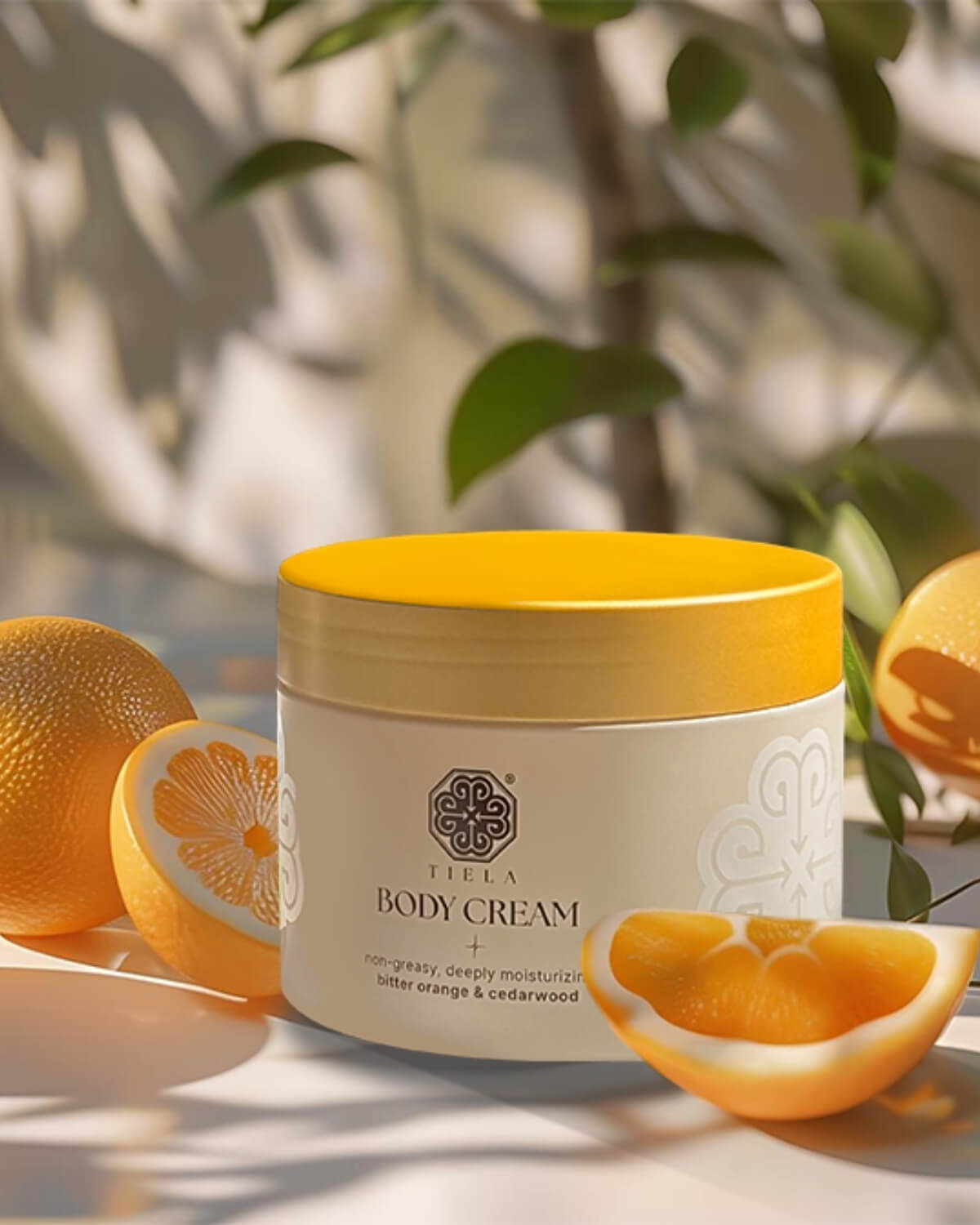 Tiela Body Cream jar in beige and yellow, surrounded by sliced oranges and green leaves in a sunny setting.