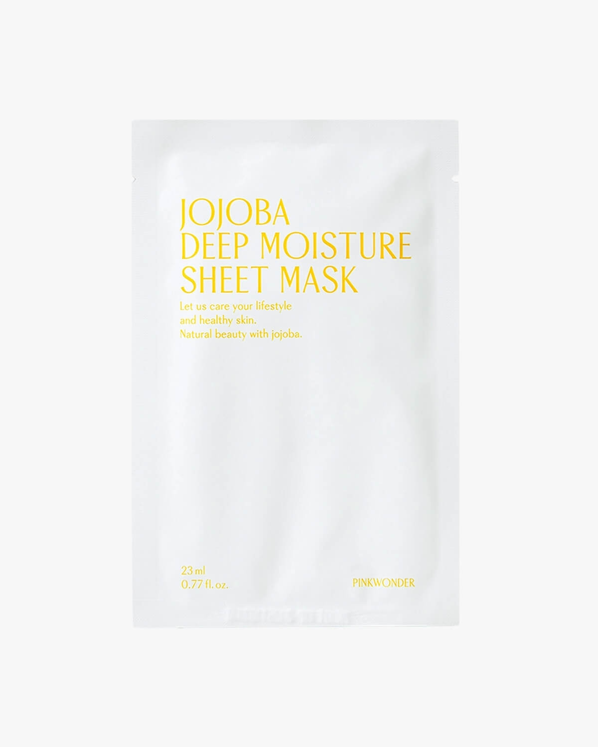 A simple, high-key studio shot of a single white foil packet for the Pinkwonder Jojoba Deep Moisture Sheet Mask, featuring the product name and brand in yellow text.