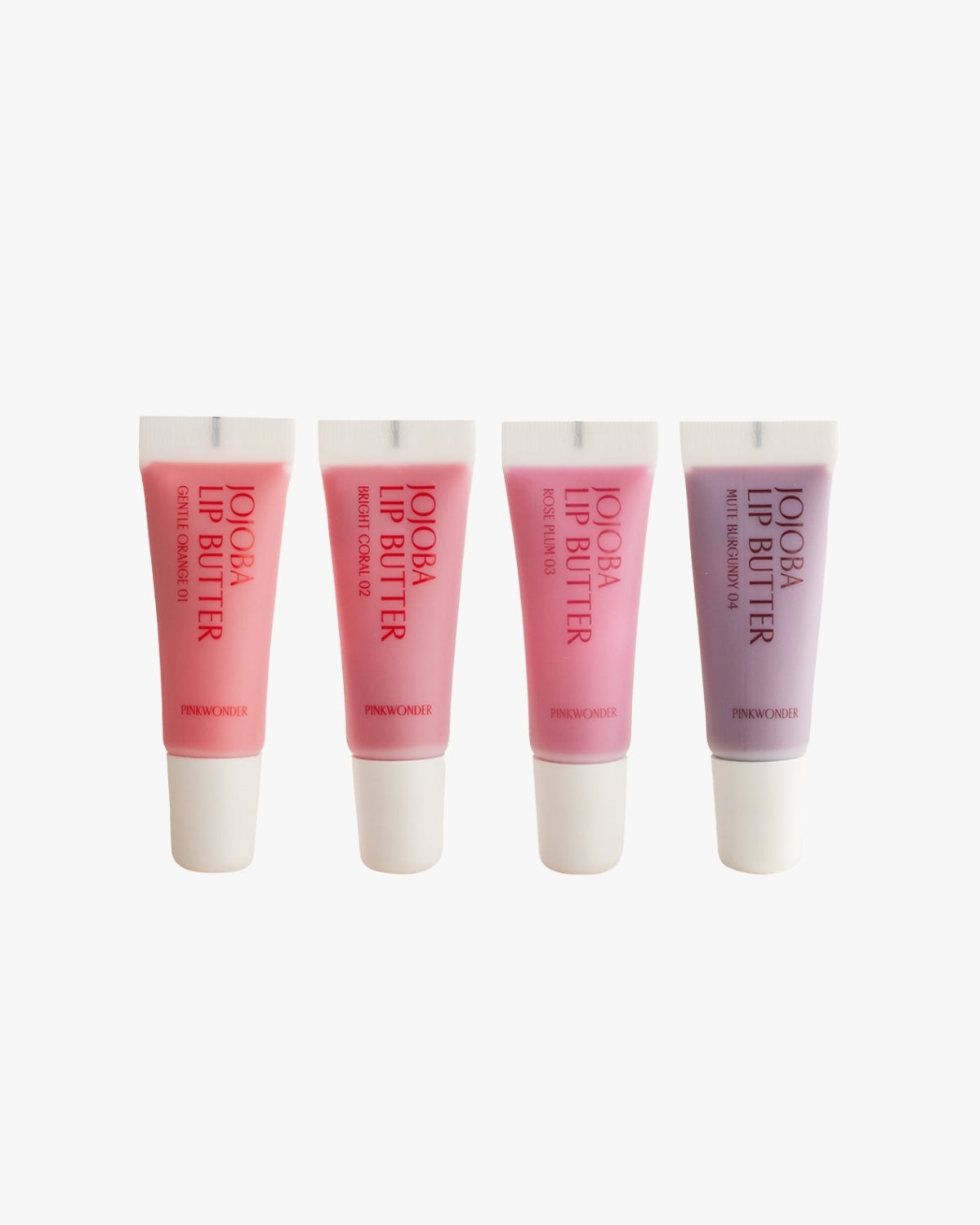 A clean studio shot showing all four shades of the Pinkwonder Jojoba Lip Butter tubes lined up horizontally on a white background: Gentle Orange 01, Bright Coral 02, Rose Plum 03, and Mute Burgundy 04.