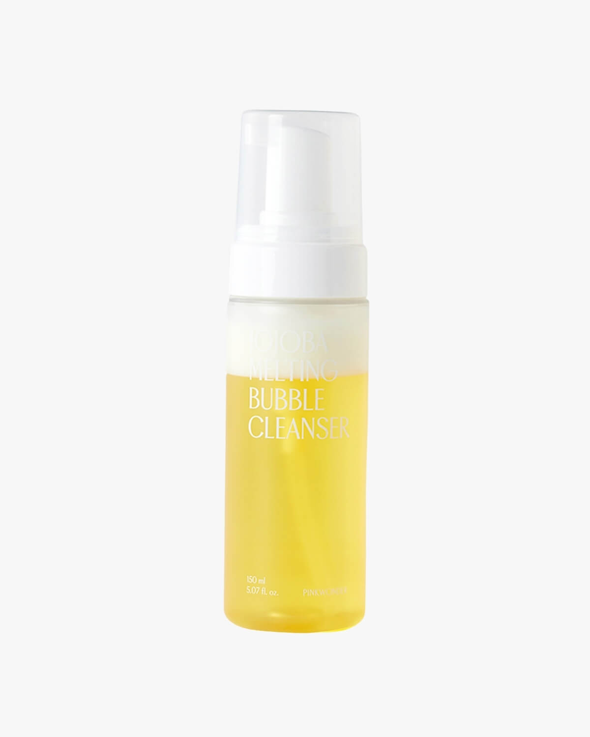 A clean, studio product shot of the Jojoba Melting Bubble Cleanser bottle on a white background. The foaming pump bottle contains a clear-to-yellow liquid cleanser.
