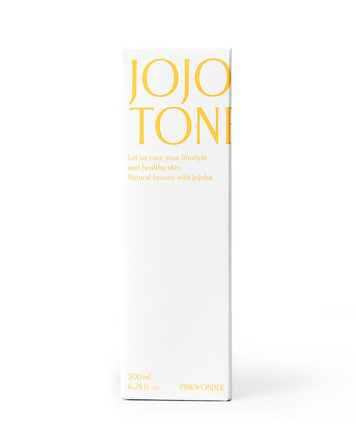 A white rectangular product box for the Pinkwonder Jojoba Toner standing upright on a white background. The text "JOJOBA TONER" is in large yellow letters, with a tagline beneath: "Let us care your lifestyle and healthy skin. Natural beauty with jojoba."