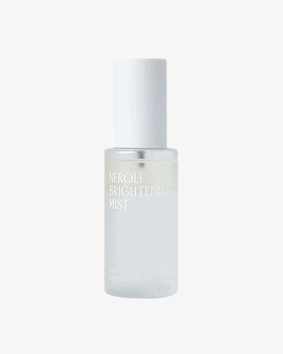 A centered product shot of the clear, frosted glass bottle of Pinkwonder "Neroli Brightening Mist" with a solid white cap, against a neutral white background.
