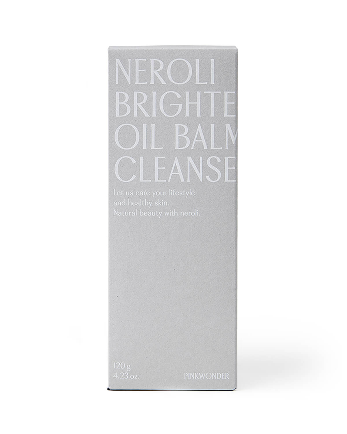 A centered product shot of the tall, light gray cardboard box for the Pinkwonder Neroli Brightening Oil Balm Cleanser on a pure white background. The text is in a lighter gray color.