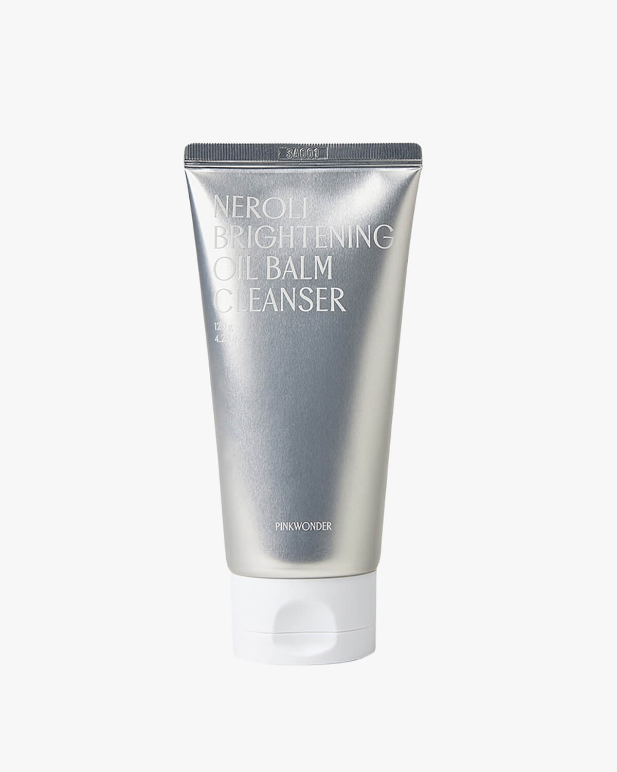 A centered product shot of the Pinkwonder Neroli Brightening Oil Balm Cleanser in a metallic silver tube with a white flip cap, set against a light gray background.