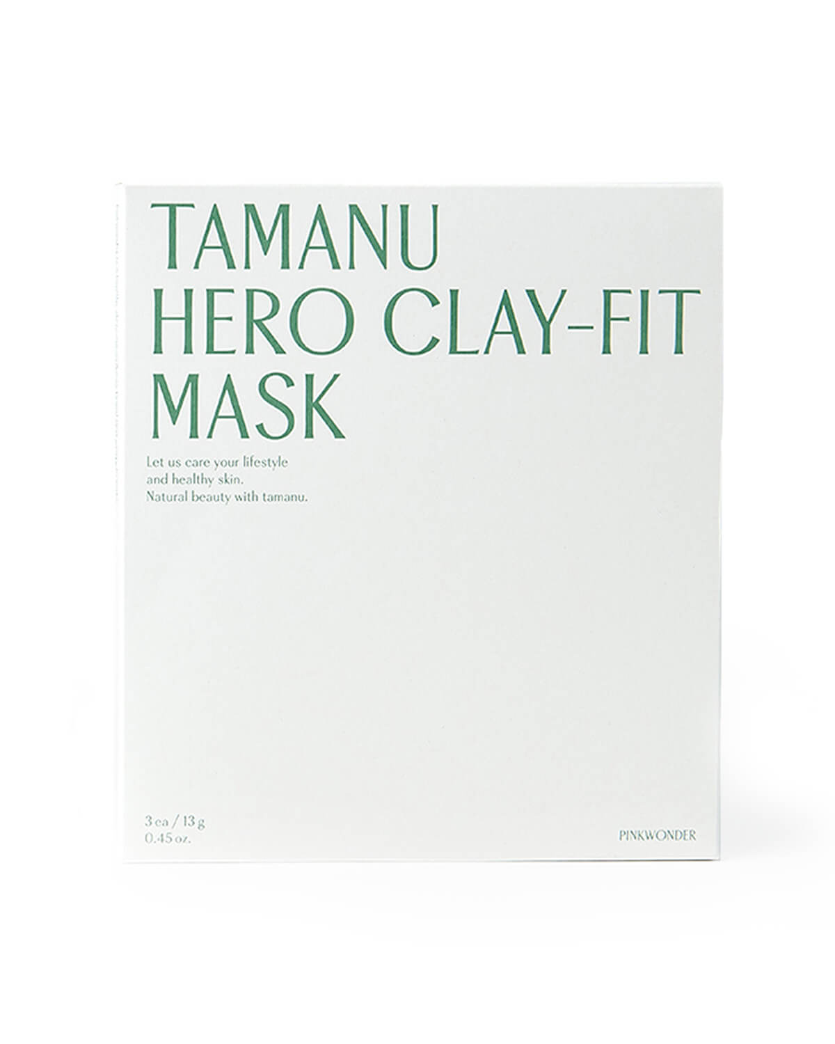 A product shot of the white box for the "Tamanu Hero Clay-Fit Mask" by Pinkwonder on a pure white background. The text is in a light green color.