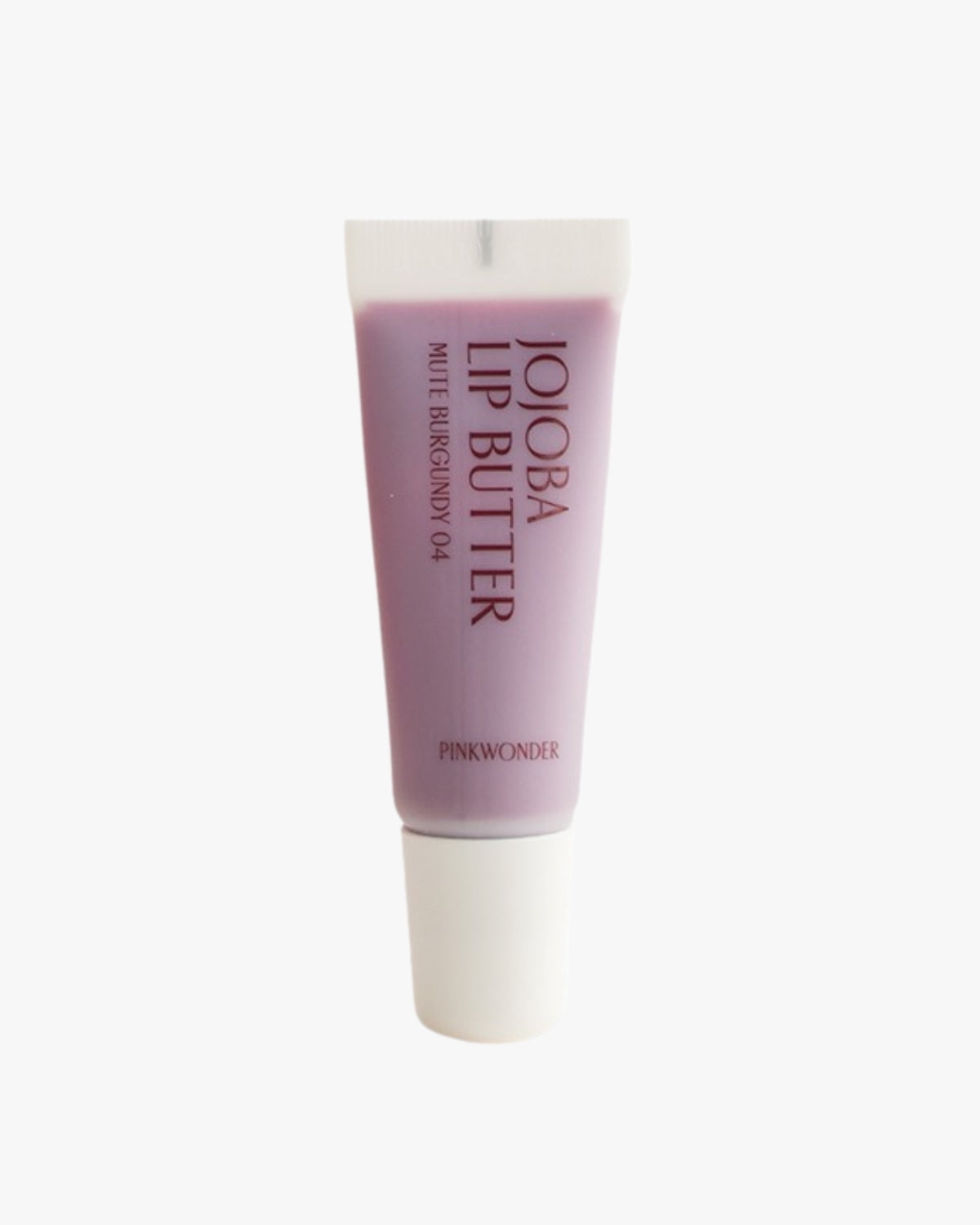 A standalone product shot of the Jojoba Lip Butter tube in the Mute Burgundy 04 shade, a soft mauve-purple, against a white background.