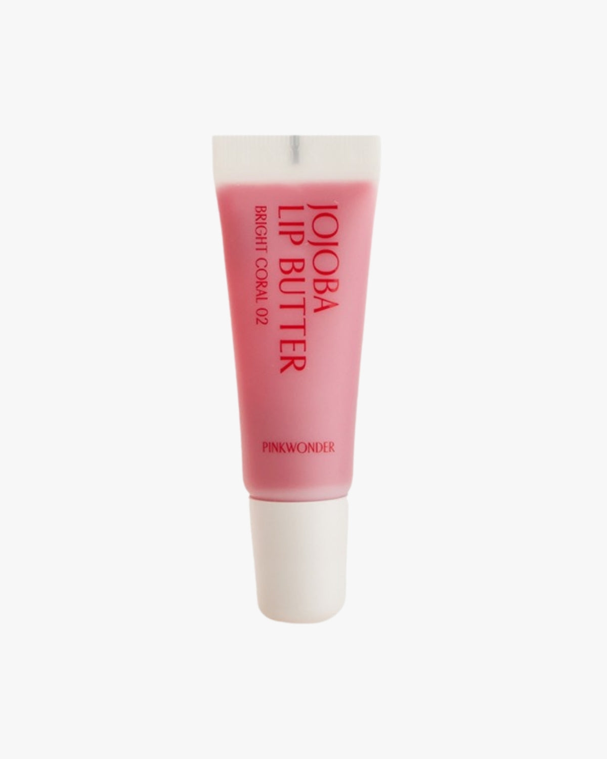A standalone product shot of the Jojoba Lip Butter tube in the Bright Coral 02 shade, a vivid coral pink, against a white background.