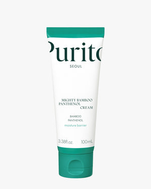 The Purito Mighty Bamboo Panthenol Cream tube is shown upright on a white background, highlighting the teal-colored cap and the cream's name, 'Mighty Bamboo Panthenol Cream,' with a callout for 'moisture barrier' on the packaging.