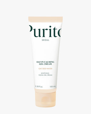A single, upright tube of Purito Oat-in Calming Gel Cream is displayed against a bright white background, highlighting its minimal design, beige-toned base, and the text 'OAT-IN CALMING GEL CREAM' on the front.
