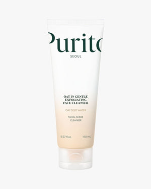 The full tube of Purito Oat-in Gentle Exfoliating Face Cleanser is displayed upright on a white background, highlighting its soft, beige-toned packaging and the text 'OAT-IN GENTLE EXFOLIATING FACE CLEANSER' and 'OAT SEED WATER' on the label.