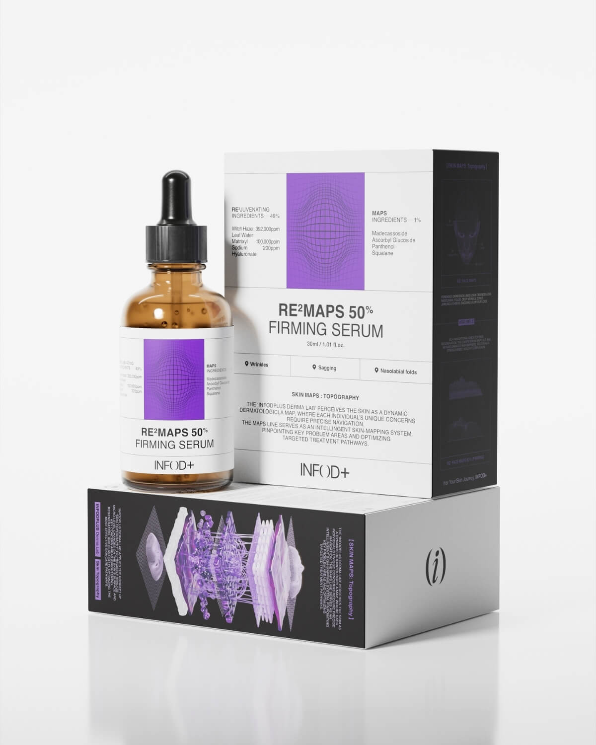 A composition showing the RE²MAPS 50% Firming Serum bottle, the main product box, and the opened bottom flap of the box revealing interior marketing graphics, all on a white background.
