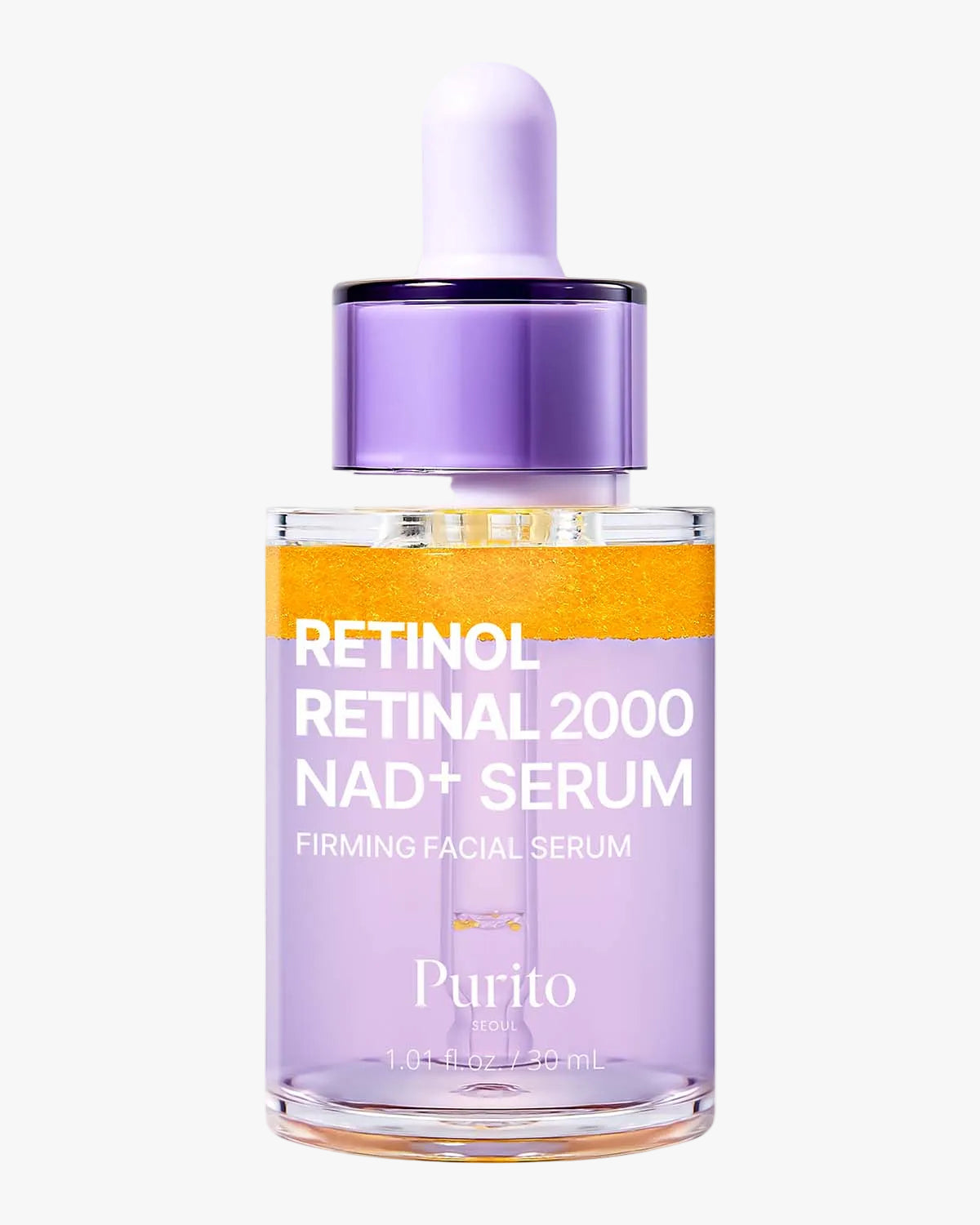 Purito Seoul Retinol Retinal 2000 NAD+ Serum in a clear bottle with a purple dropper cap.