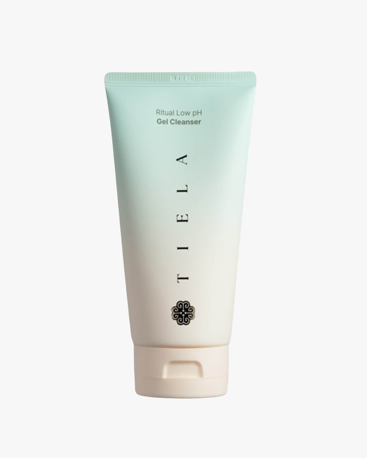 Front view of a Tiela Ritual Low pH Gel Cleanser tube with an ombre color design, fading from light blue-green at the top to a neutral beige at the bottom.
