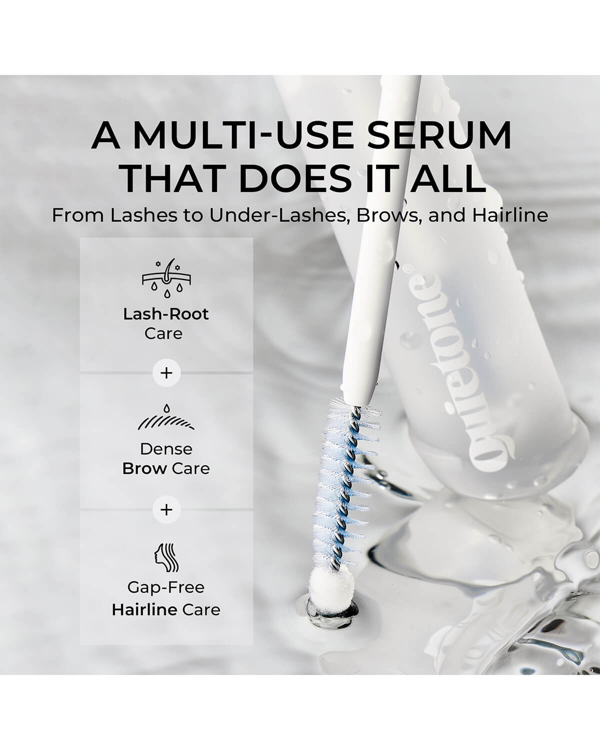 Multi-use lash serum diagram illustrating complete root care for eyelashes, dense brows, and hairline nourishment.