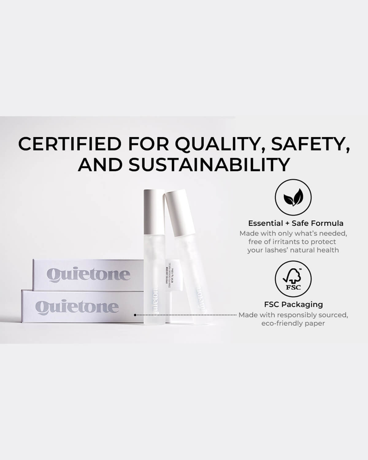Certified safe and eco-friendly Quietone Hyper Fuel Lash Serum tubes with FSC-certified sustainable paper packaging.