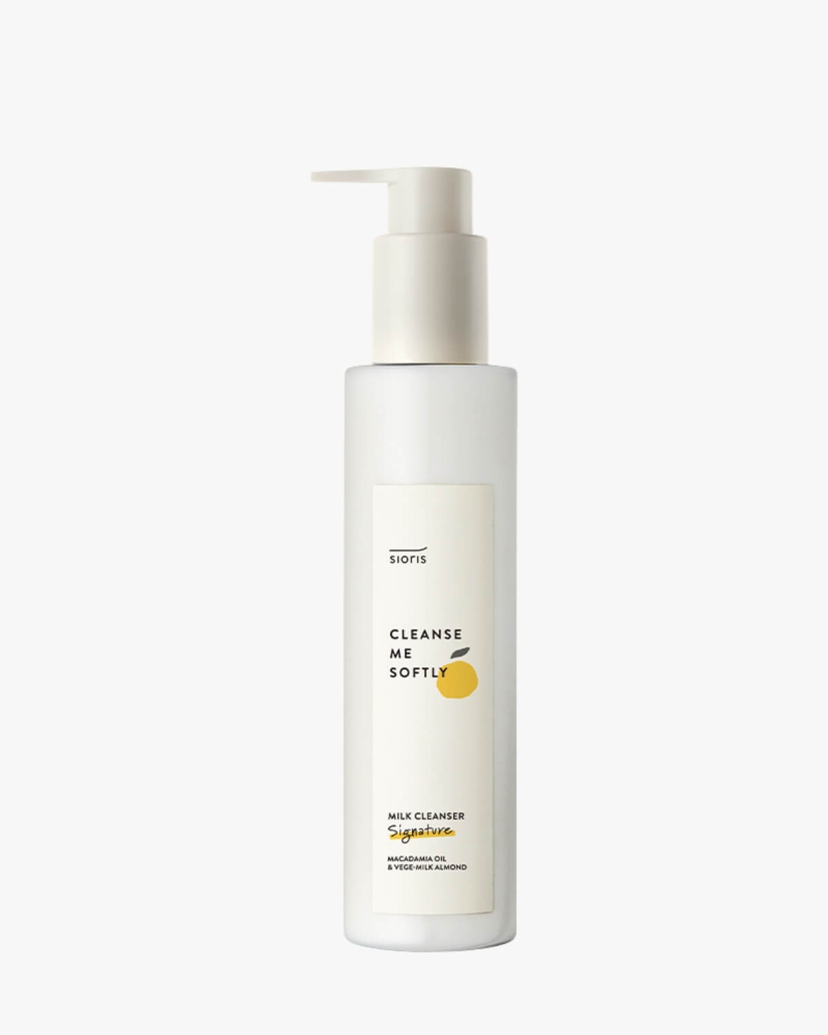Front view of Sioris Cleanse Me Softly Milk Cleanser bottle with pump on a white background.
