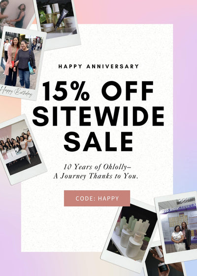 Promotional banner for a 15% off sitewide sale with anniversary text and polaroid-style photos on a gradient background.