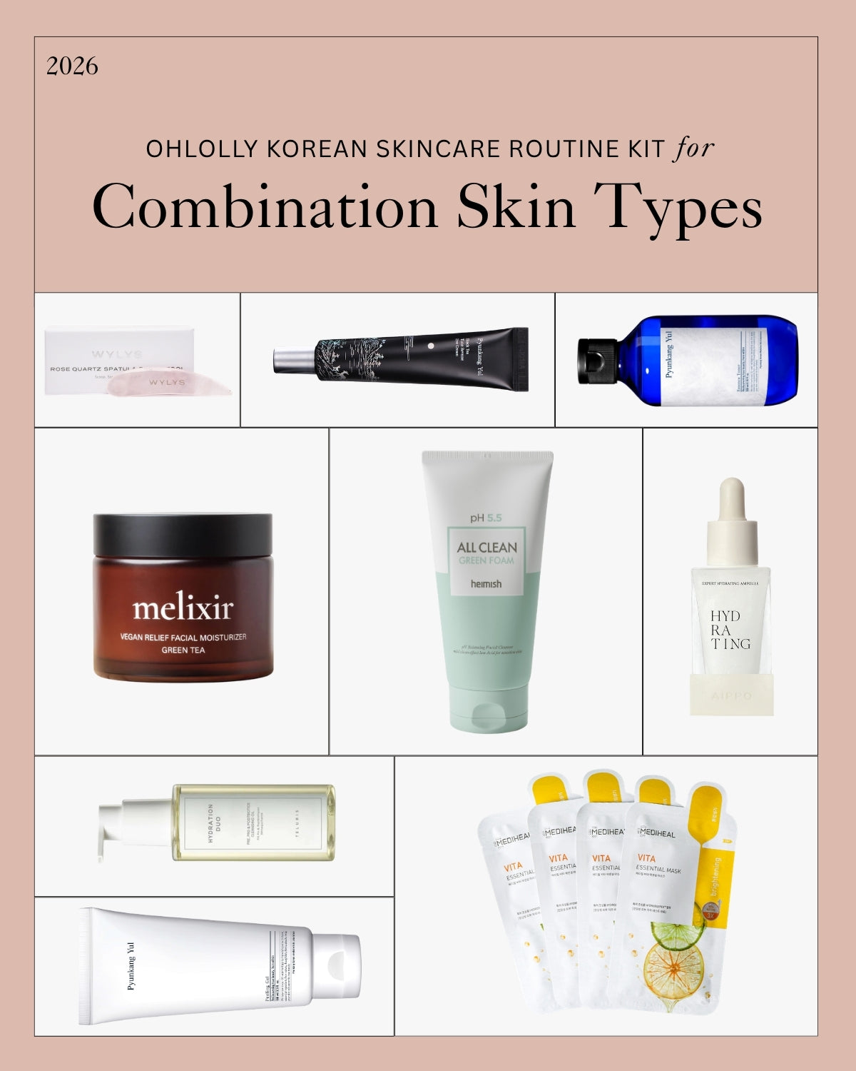 A collage of nine Melixir, Heimish, Pyunkang Yul, and Hydrating Ampoule Korean skincare products, a rose quartz facial tool, and face masks, labeled "OHLOLLY KOREAN SKINCARE ROUTINE KIT for Combination Skin Types."