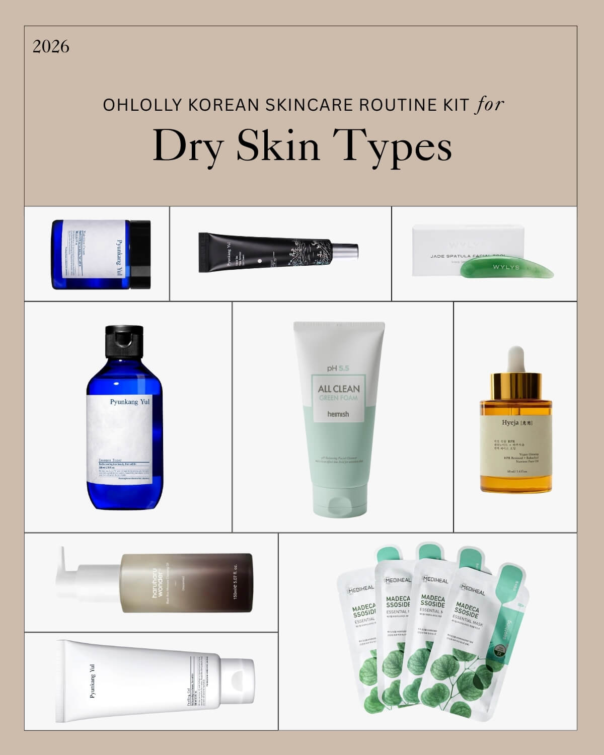 A collage of nine Pyunkang Yul, Heimish, and Hyggee Korean skincare products and a jade facial tool, labeled "OHLOLLY KOREAN SKINCARE ROUTINE KIT for Dry Skin Types."
