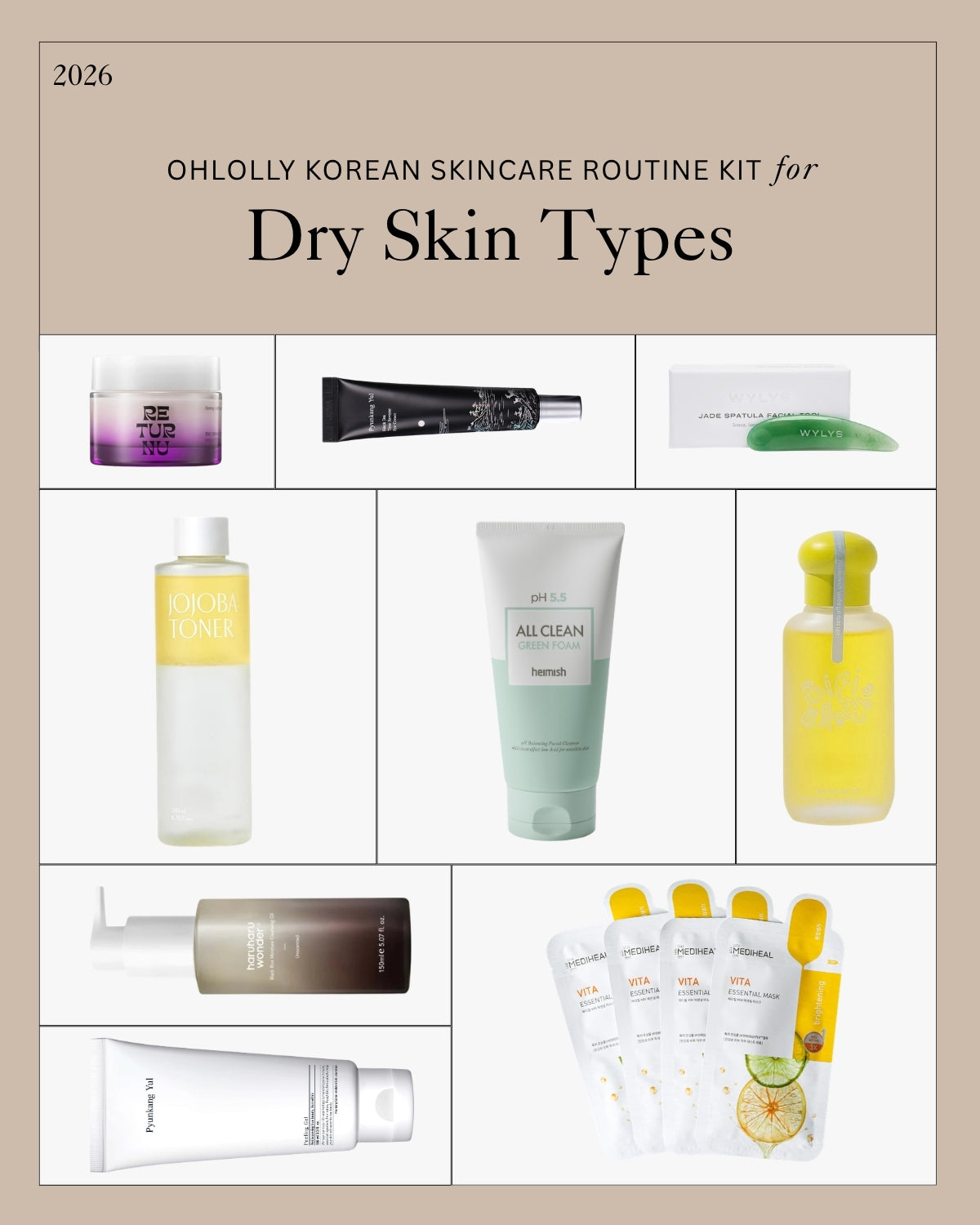 Ohlolly Korean Skincare Routine Kit for Dry Skin featuring facial cleansers, toners, serums, and sheet masks.