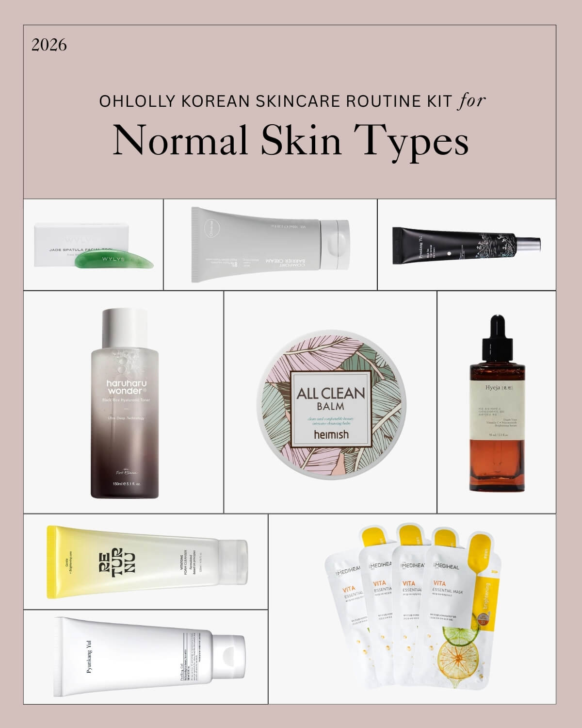 A collage of nine Haruharu, Heimish, Pyunkang Yul, and Hyggee Korean skincare products, a jade facial tool, and face masks, labeled "OHLOLLY KOREAN SKINCARE ROUTINE KIT for Normal Skin Types."