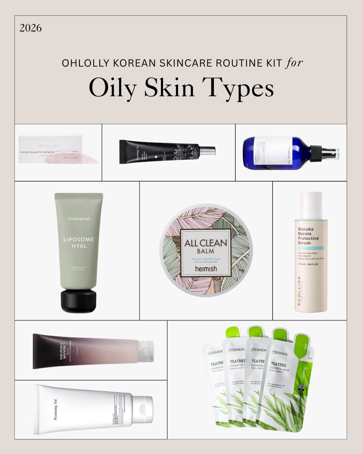 A collage of Heimish, Pyunkang Yul, ECOILLINE, and two other Korean skincare products, a rose quartz facial tool, and face masks, labeled "OHLOLLY KOREAN SKINCARE ROUTINE KIT for Oily Skin Types."