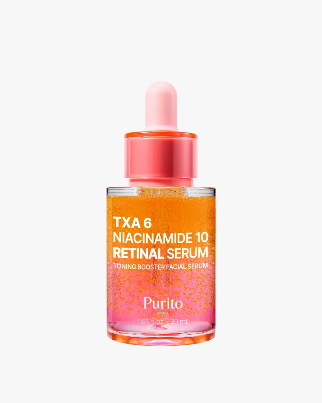 A close-up studio shot of a dropper bottle of Purito TXA 6 Niacinamide 10 Retinal Serum against a bright white background. The bi-phase serum is vibrant, with a dense orange top layer and a pink bottom layer containing suspended orange specks. The dropper cap is pink.