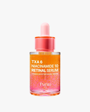A close-up studio shot of a dropper bottle of Purito TXA 6 Niacinamide 10 Retinal Serum against a bright white background. The bi-phase serum is vibrant, with a dense orange top layer and a pink bottom layer containing suspended orange specks. The dropper cap is pink.