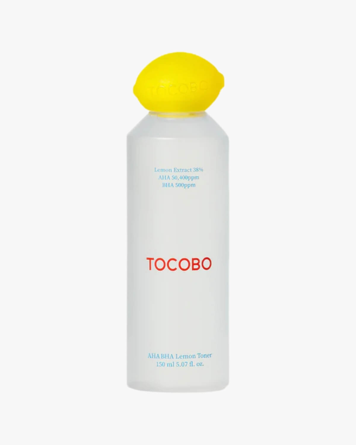 Front view of Tocobo AHA BHA Lemon Toner bottle with lemon-shaped yellow cap, 150ml size.