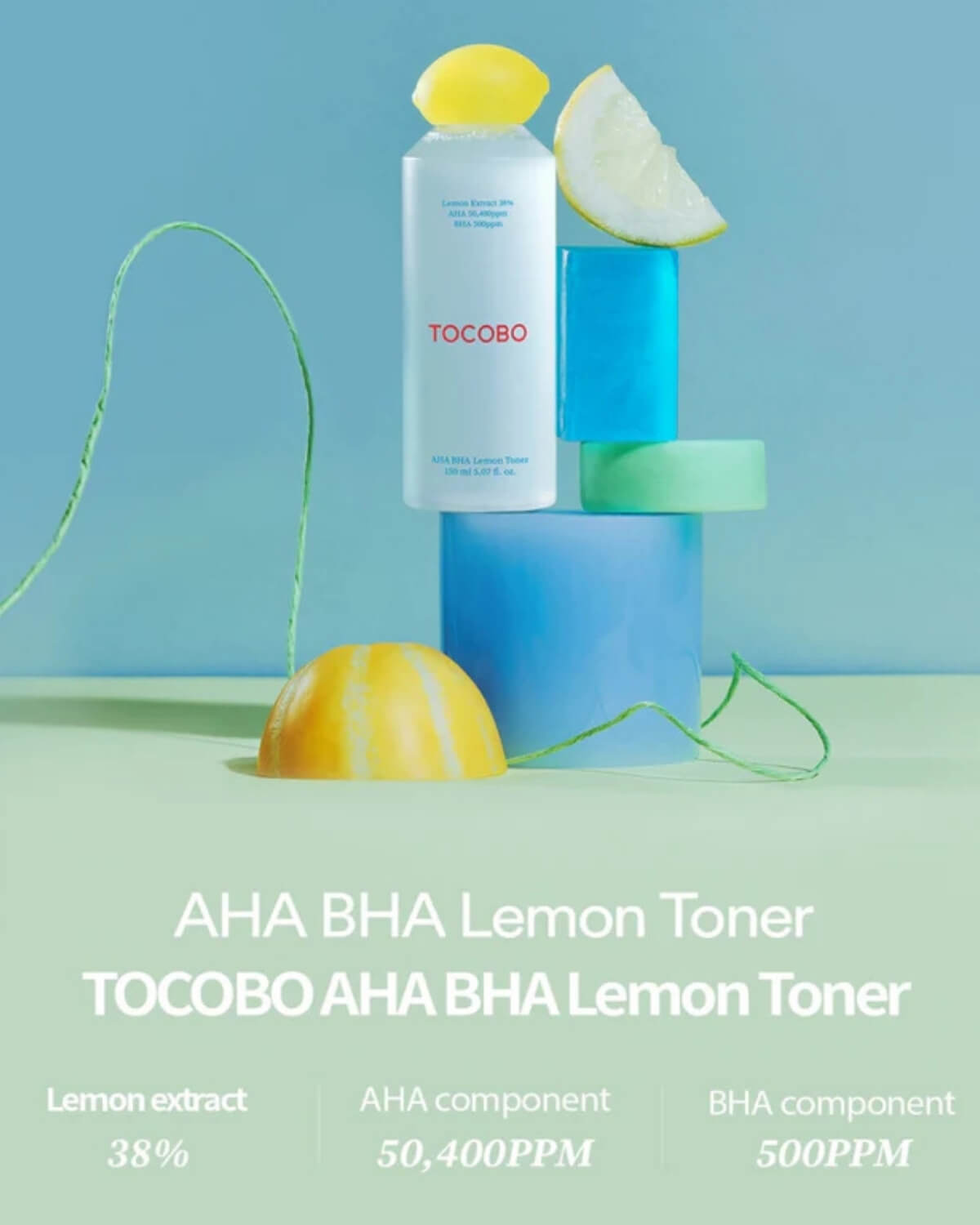 Product display of Tocobo AHA BHA Lemon Toner with graphic elements highlighting lemon extract and exfoliating acids.