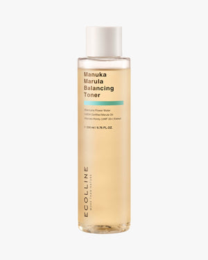 Vertical shot of Ecolline Manuka Marula Balancing Toner bottle. pH 5.5 K-Beauty toner with Manuka Honey for moisture.