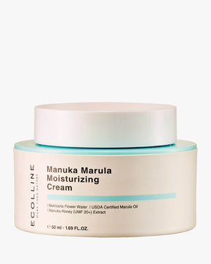 Close-up of Ecolline Manuka Marula Moisturizing Cream jar. K-Beauty cream with Manuka Honey UMF 20+ for deep hydration.