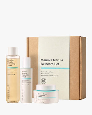Ecolline Manuka Marula 3-Step Skincare Set in a box: Toner, Serum, and Cream. K-Beauty gift set for moisture.