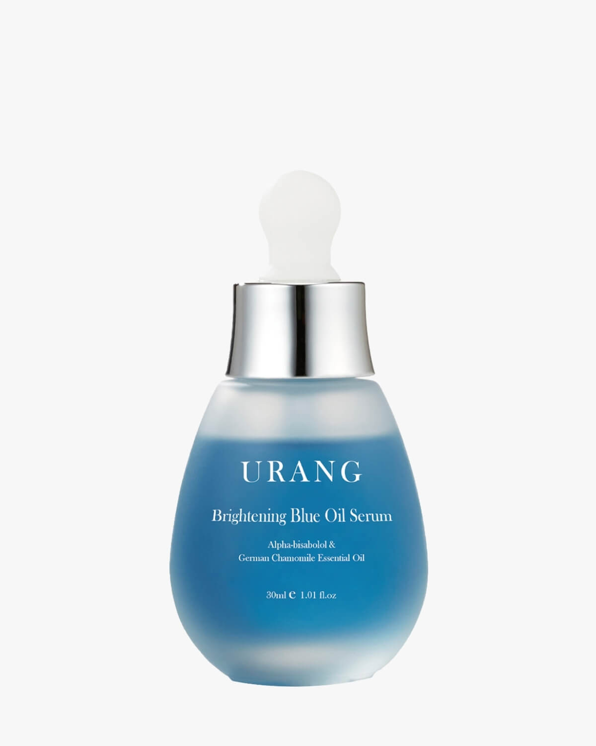 URANG Brightening Blue Oil Serum formulated with Alpha-bisabolol and German Chamomile Essential Oil in a frosted blue glass bottle on a white background.