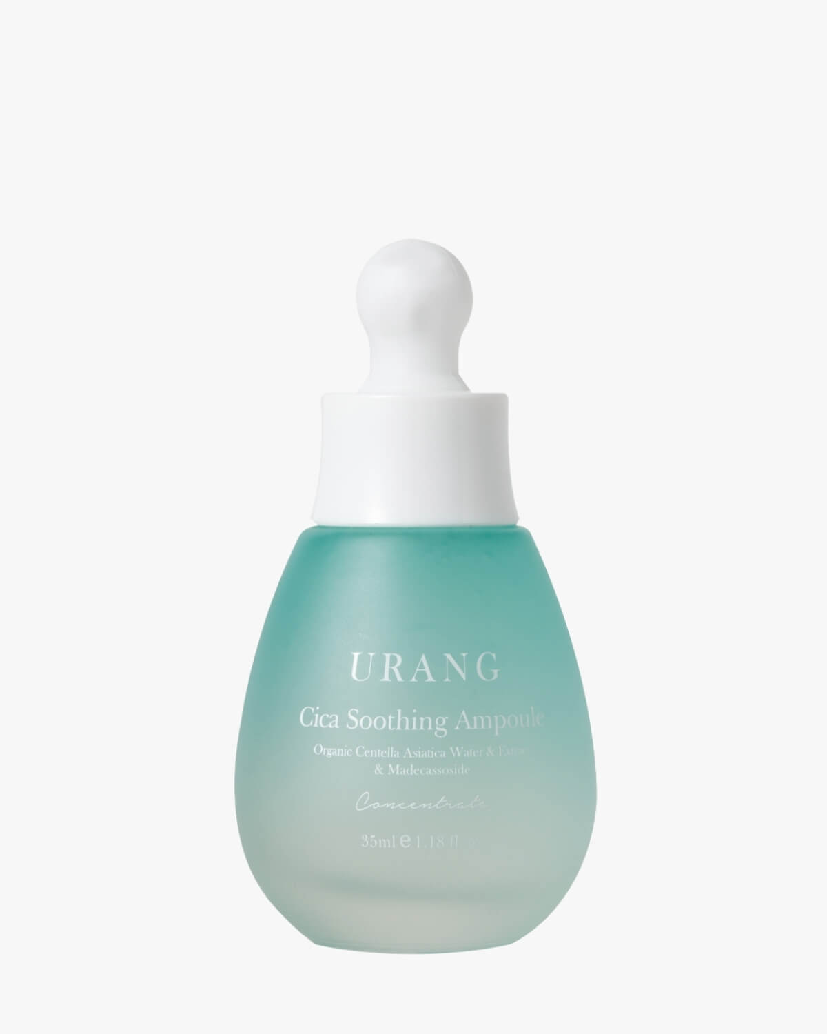 URANG Cica Soothing Ampoule for sensitive skin featuring Organic Centella Asiatica and Madecassoside in a frosted teal dropper bottle on a white background.