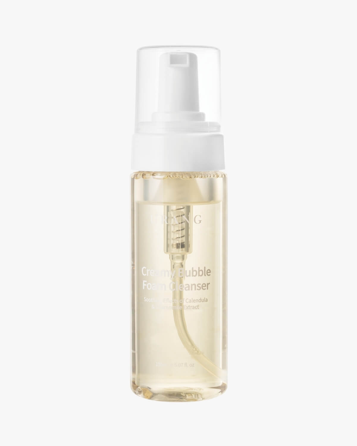 URANG Creamy Bubble Foam Cleanser for sensitive skin with the soothing effects of Calendula and Chamomile Extract in a clear pump bottle on a white background.