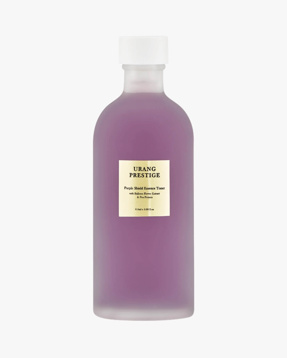 URANG Prestige Purple Shield Essence Toner with Balloon Flower Extract and Pea Protein in a tall frosted purple glass bottle on a white background.