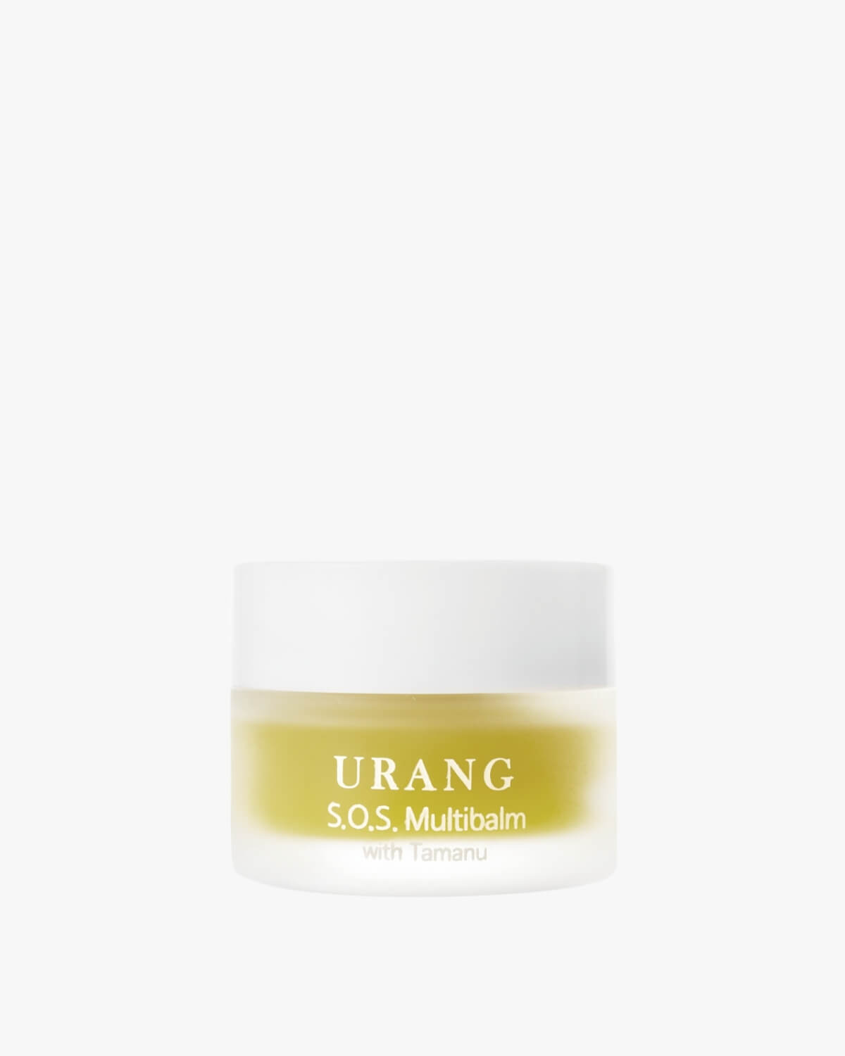 URANG S.O.S. Multibalm with Tamanu oil in a small frosted glass jar, designed for targeted soothing and healing of dry or irritated skin on a white background.
